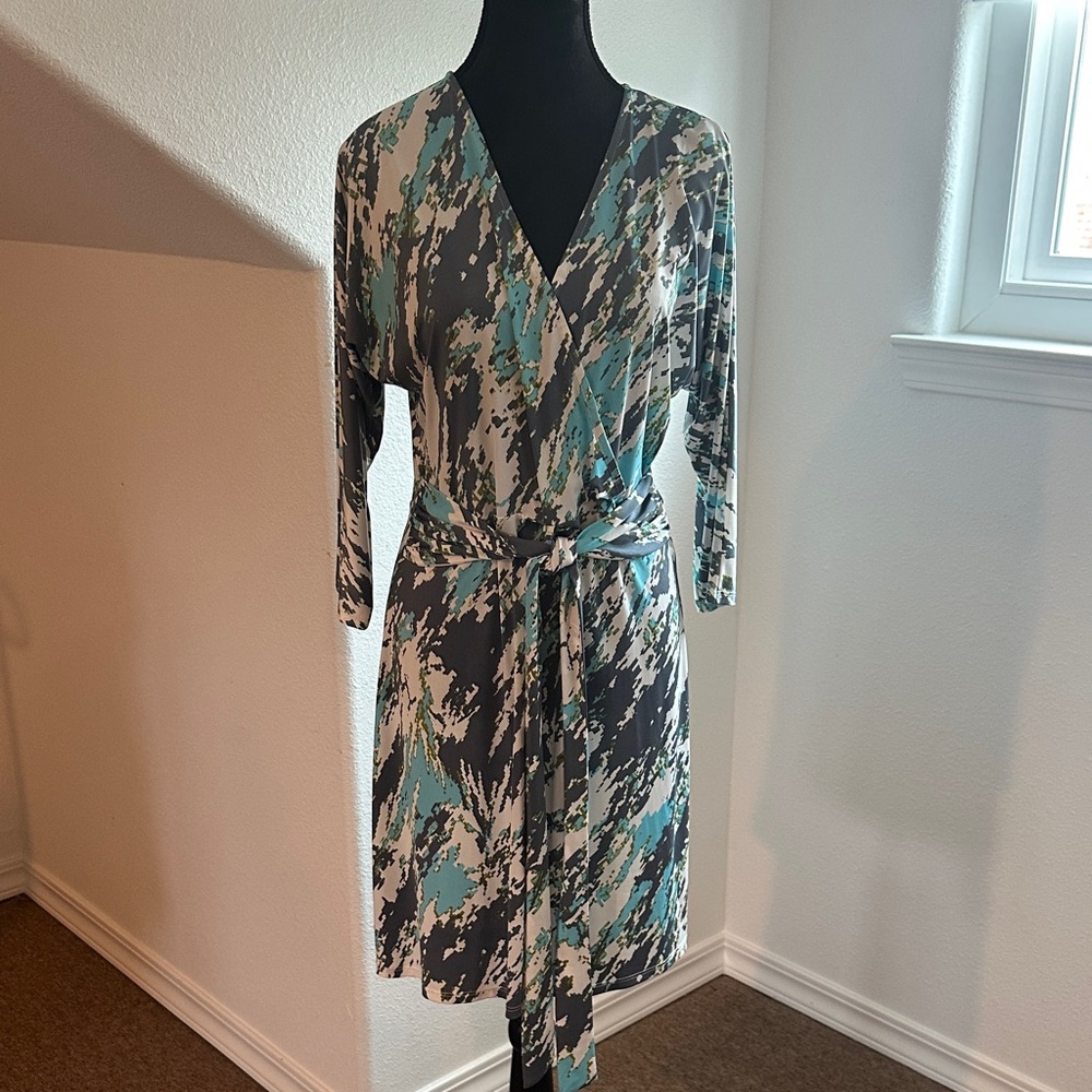 Veronica M Abstract Wrap Dress - Teal and Gray